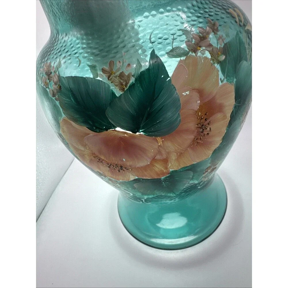 Vintage Hand Painted  Pink Floral On Teal Vase Signed Edwards 9x6.5” Cottagecore